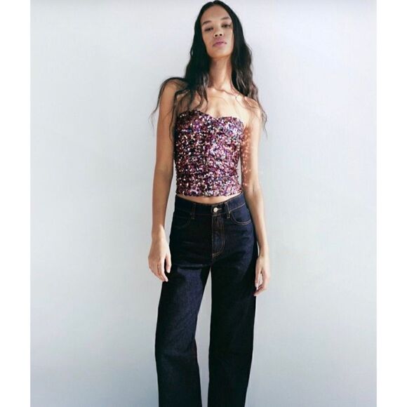 NWT Zara Blogger’s Favorite Festive Days Sweetheart Neckline Sequin Top, XS - Picture 4 of 16